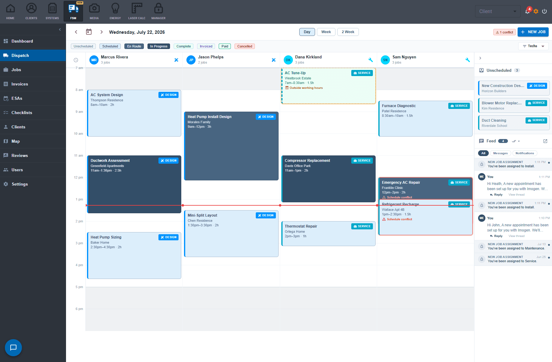 AirMatch dispatch board with scheduled HVAC jobs