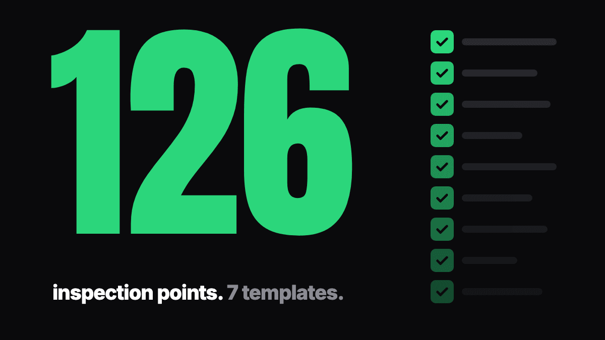 Large green number 126 on black beside a column of ticked checklist rows, with the words inspection points and 7 templates.